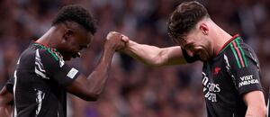 Bukayo Saka a Declan Rice, Arsenal vs. Real Madrid Liga mistrů 2024/25 Bukayo Saka a Declan Rice, Arsenal vs. Real Madrid Liga mistrů 2024/25