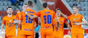Fotbalisté slovinského celku NK Celje slaví gól do sítě Lugana v rámci předkola KL Fotbalisté slovinského celku NK Celje slaví gól do sítě Lugana v rámci předkola KL